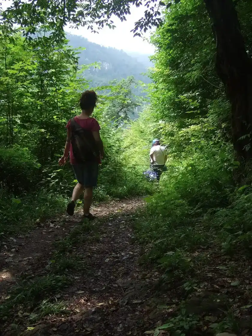 Hikers walking a wooded trail near Lastiver in northern Armenia