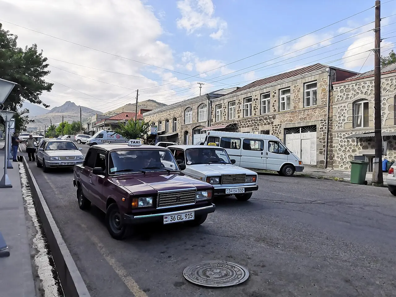 A quiet stone street of two-storey houses in the centre of Goris