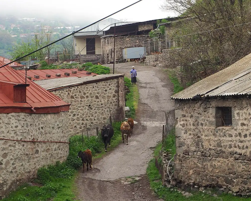 The green valley around Goris with rock cones on the ridges