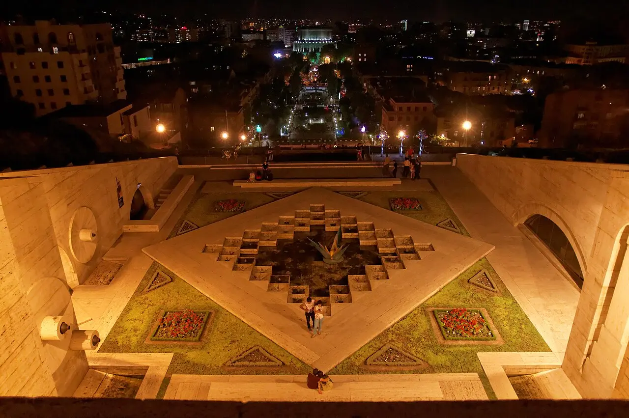 A night view down toward Tamanyan Street from the top steps of the Cascade in Yerevan