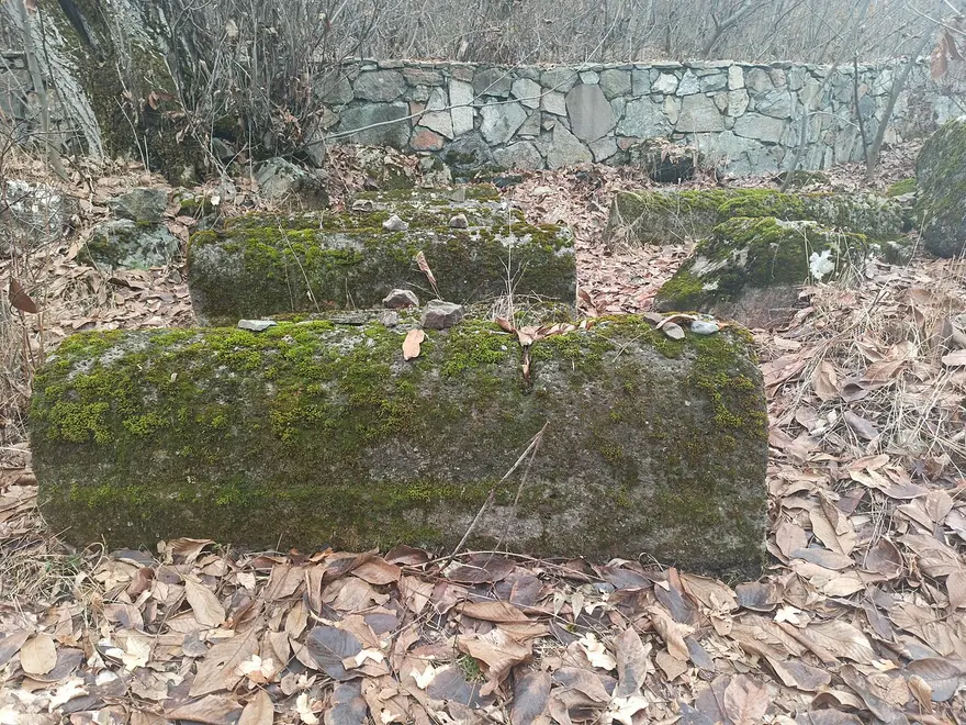 Moss-covered medieval gravestones lying among fallen leaves at the Jewish cemetery in Yeghegis