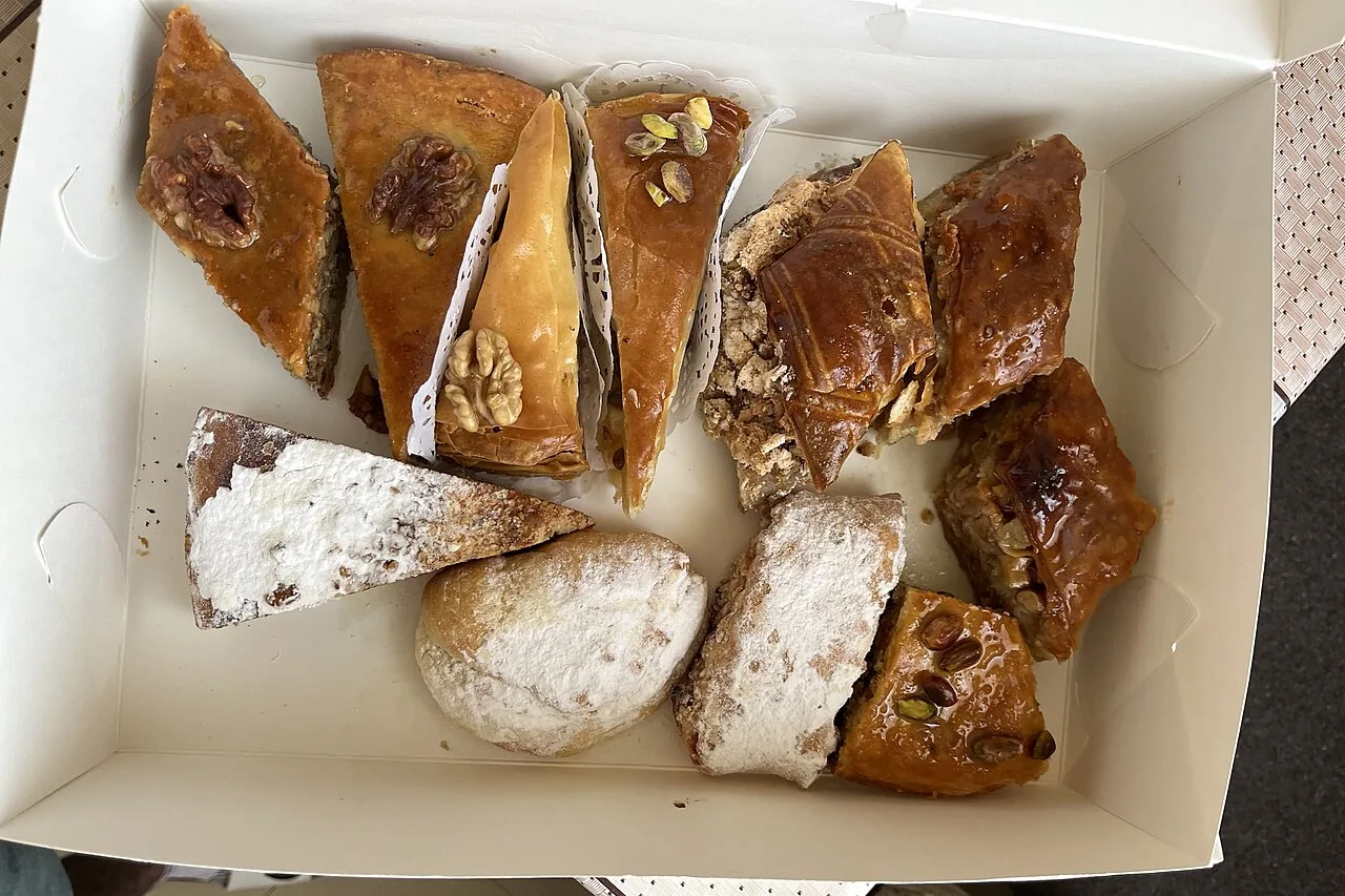 Armenian sweets including gata, baklava, nazook and katnashorov in an open box