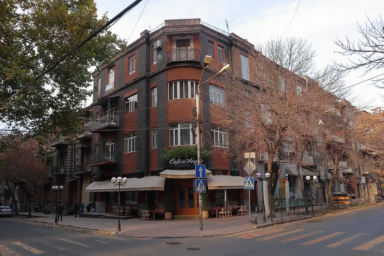 Pushkin Street in central Yerevan with Toros Toramanyan monument
