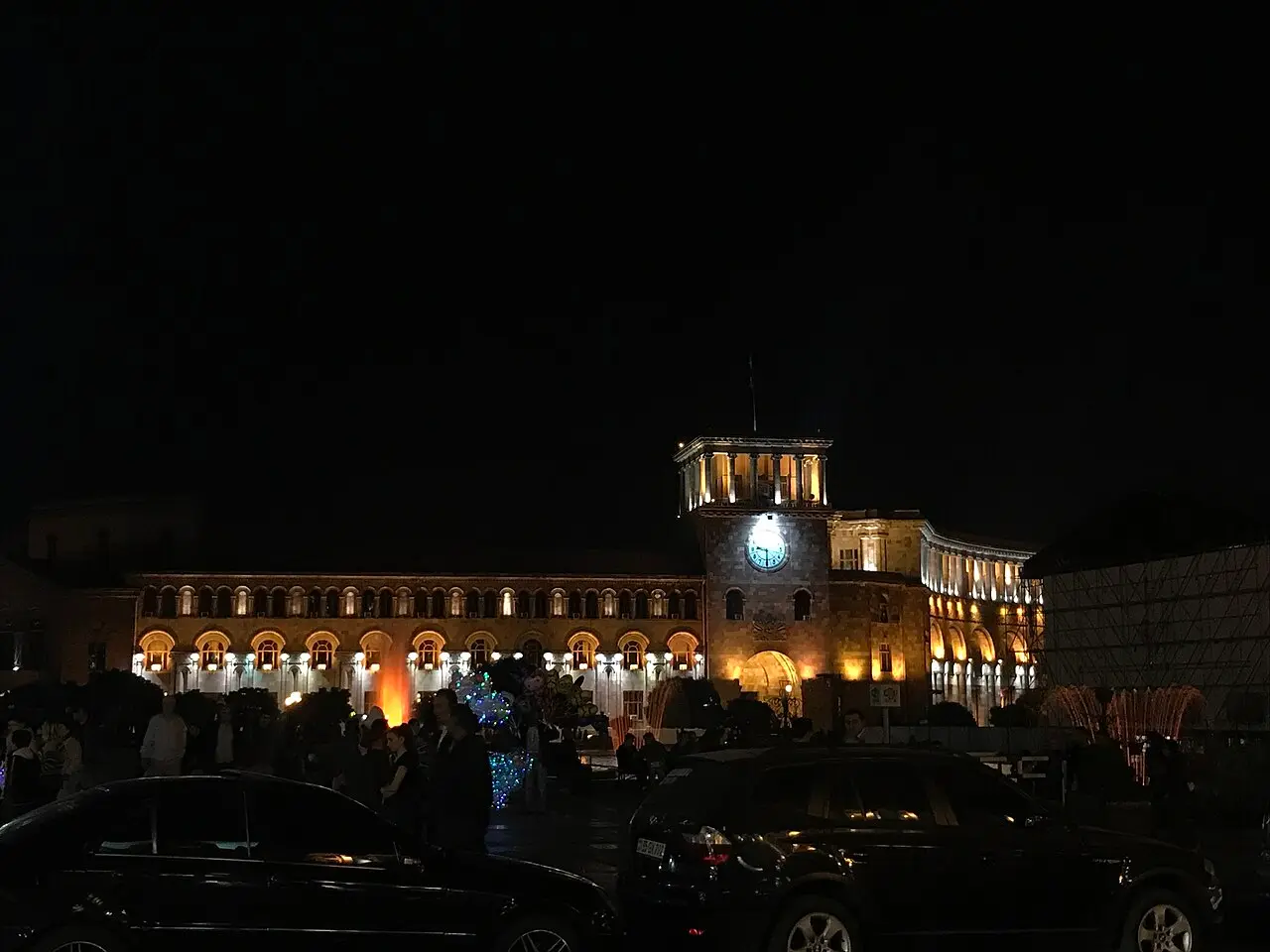 Republic Square in Yerevan glowing under evening lights