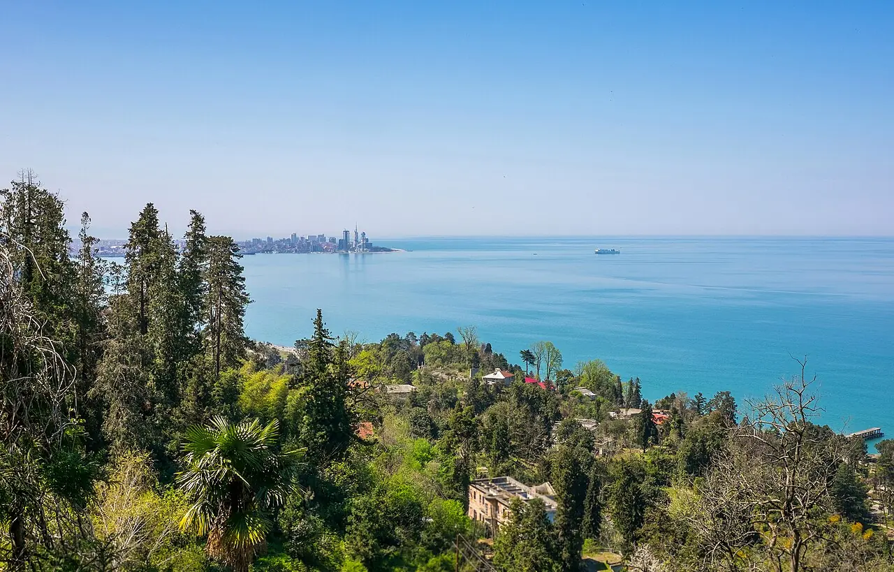 The Black Sea coast of Georgia with the skyline of Batumi rising on the horizon