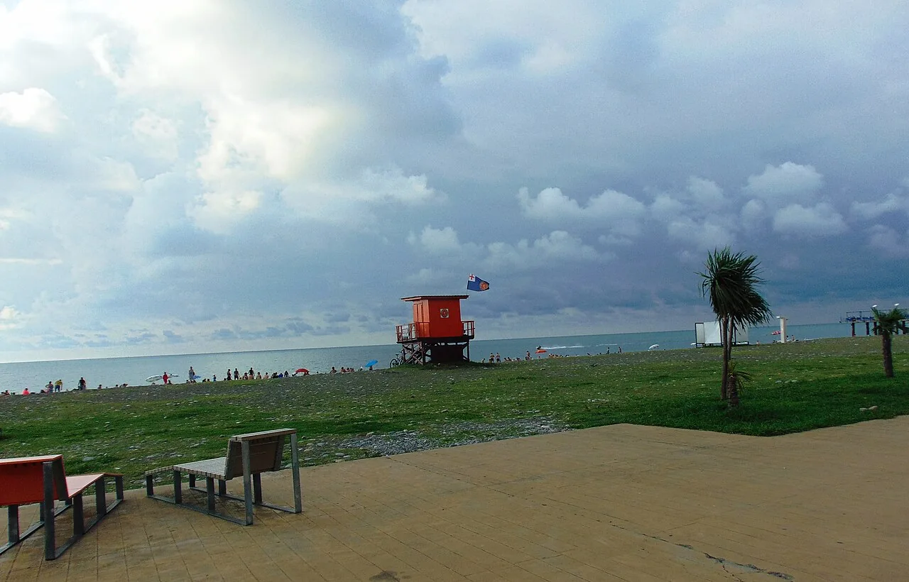 A lifeguard booth on the pebble beach at Batumi with the Black Sea behind it
