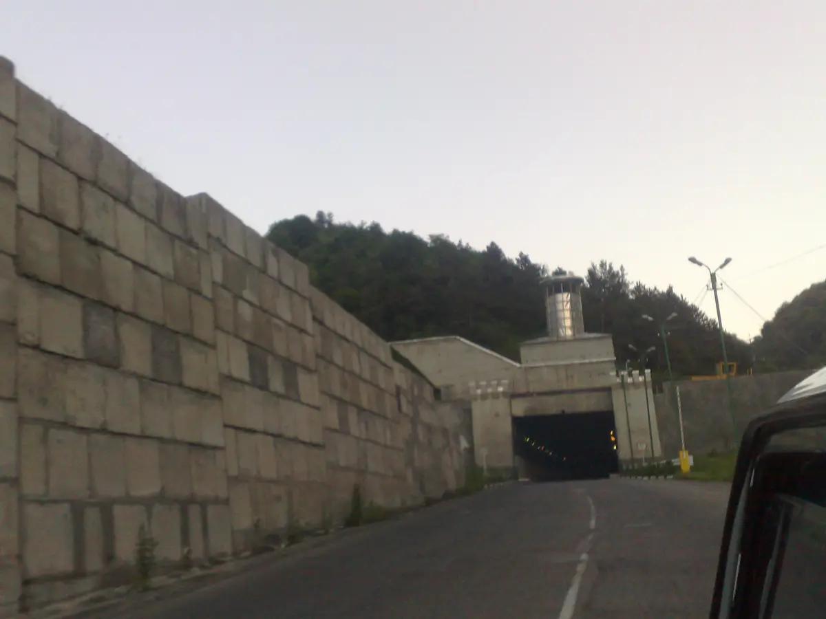The entrance to the Dilijan road tunnel seen from a vehicle on the approach