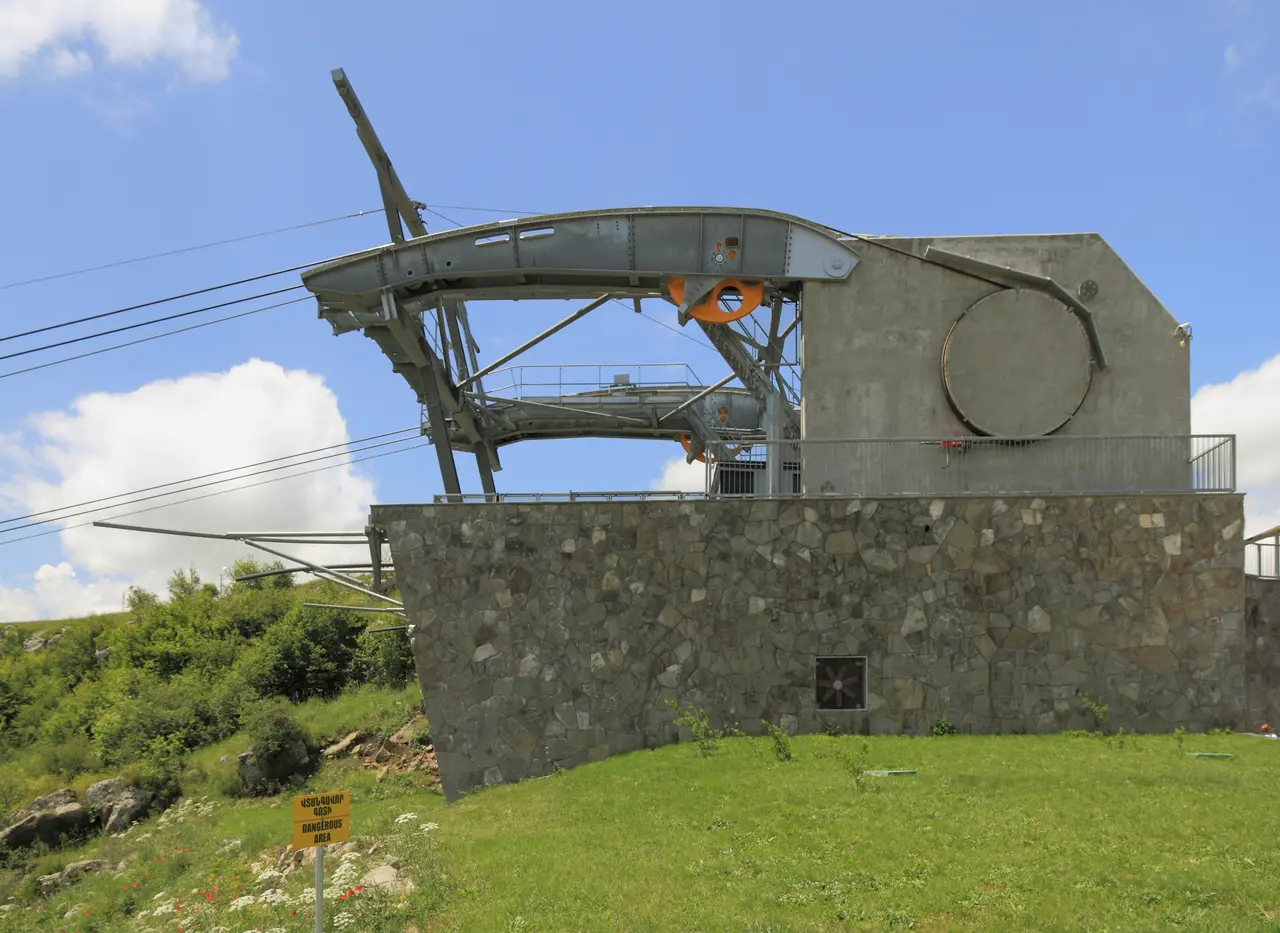 A Wings of Tatev cable-car cabin on its cables high above the wooded Vorotan gorge in southern Armenia